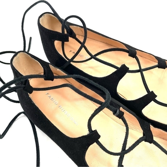 FABIO RUSCONI NWT Suede Black Open Toe Lace Up Ballet Flats - Picture 4 of 5